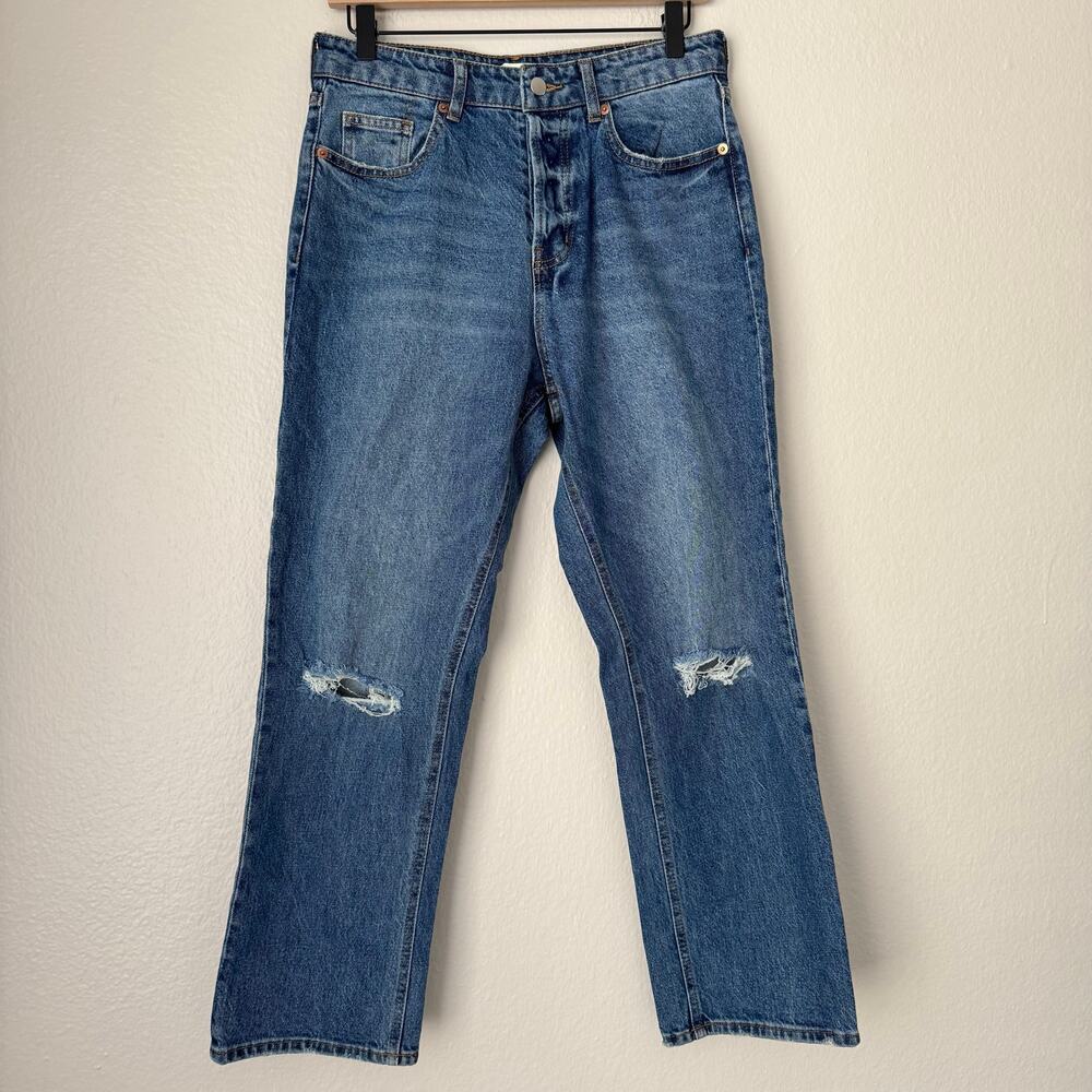 H&M Women's Straight Leg Jean Distressed Medium Wash Denim Cotton Blend Size 8